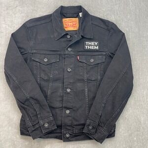 Levi Womens XS Black Denim Trucker Jacket They Them Patch